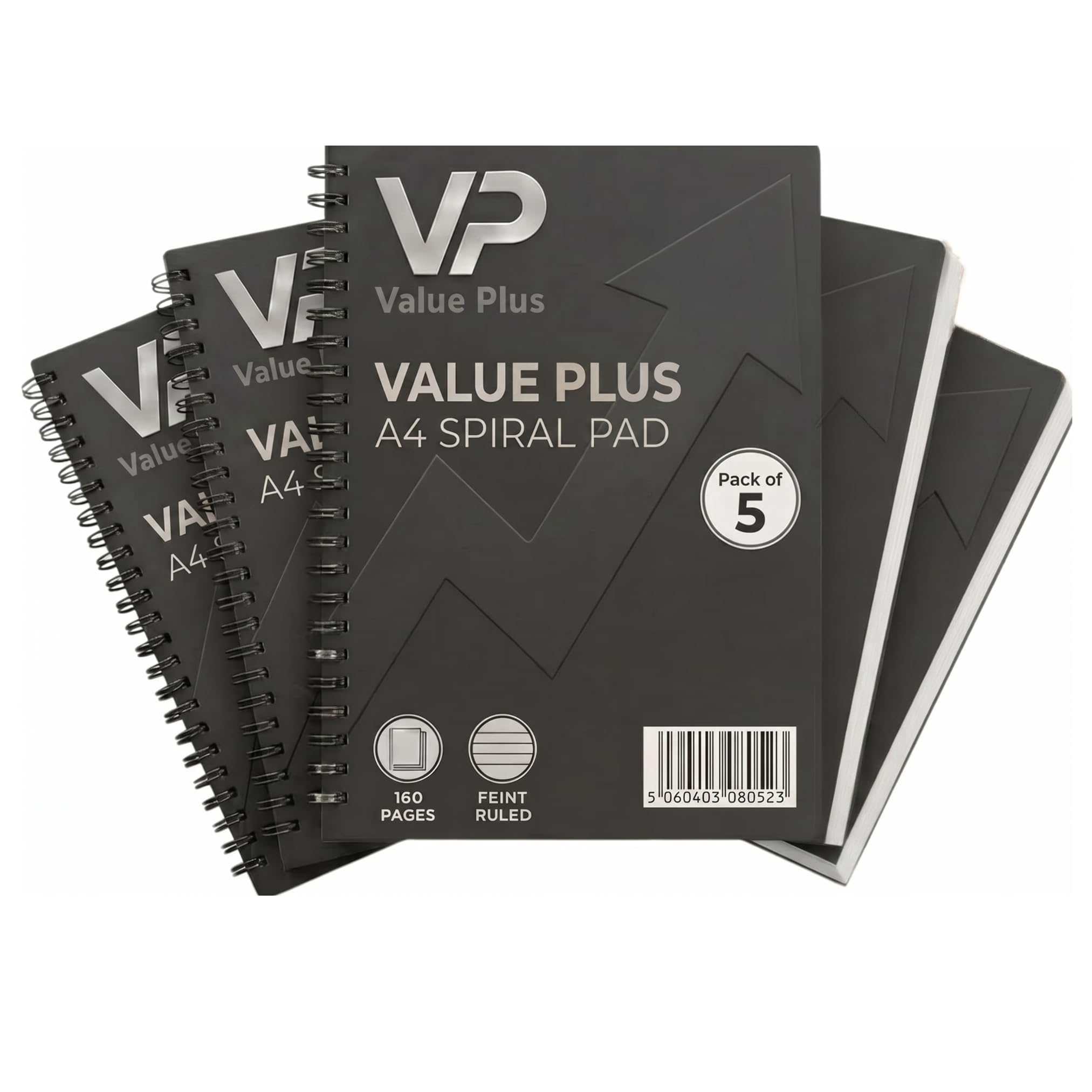 Value Plus A4 Spiral Notebooks | Soft Cover, Feint Ruled with Margin, 160 Pages, Perforated Wirebound Pads (Pack of 5)
