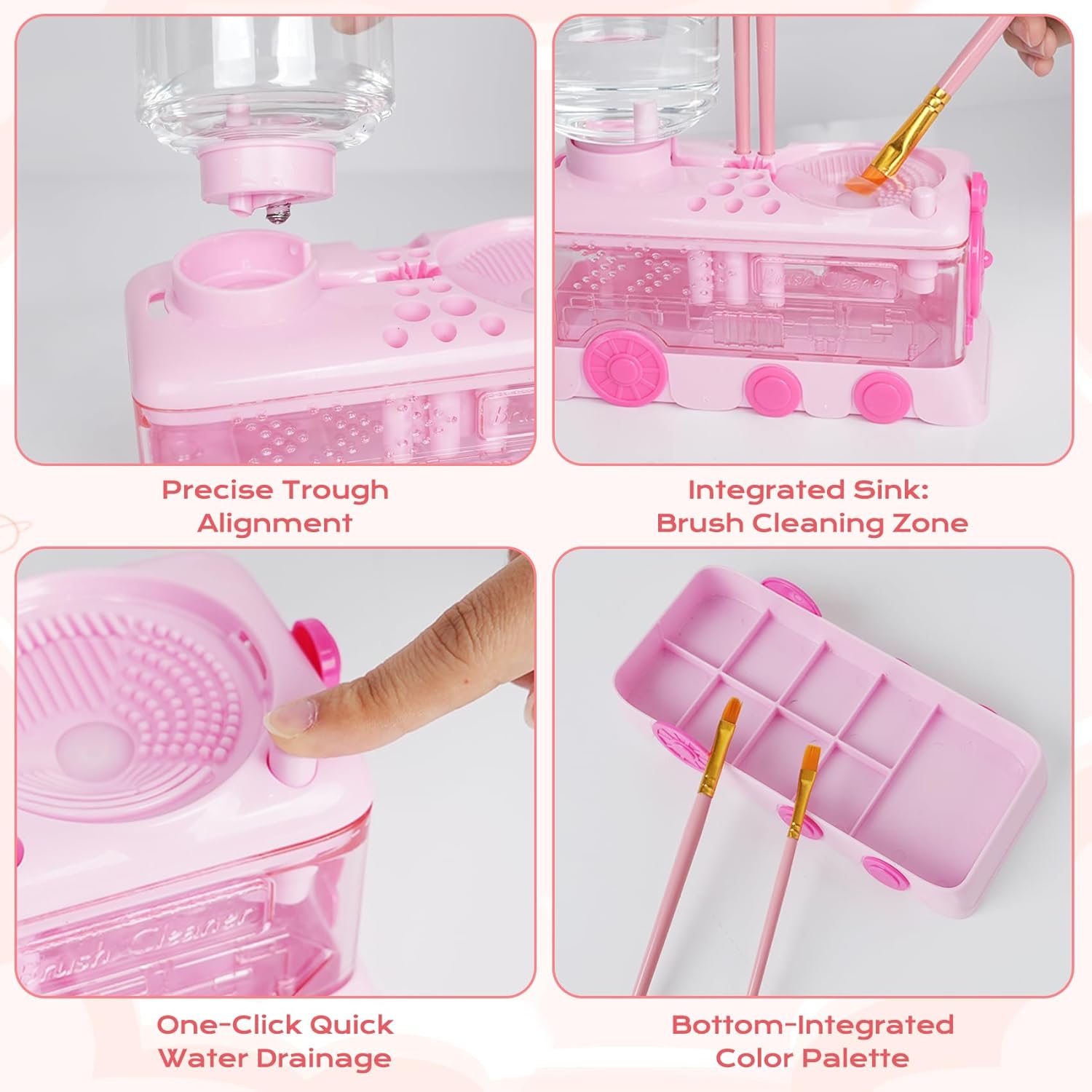 Paint Brush Cleaner, Painting Station with 10 Brushes, Washable Mat and Paint Water Dispenser, Paint Brush Rinser, Paint Brush Washer for Young Artists, Kids, Beginners & Students (Pink)