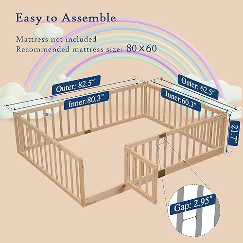 Miniatura 23 de Tatub Cama Montessori de suelo individual con rieles altos, marco de cama Montessori de madera maciza para niños, la entrada se puede instalar a