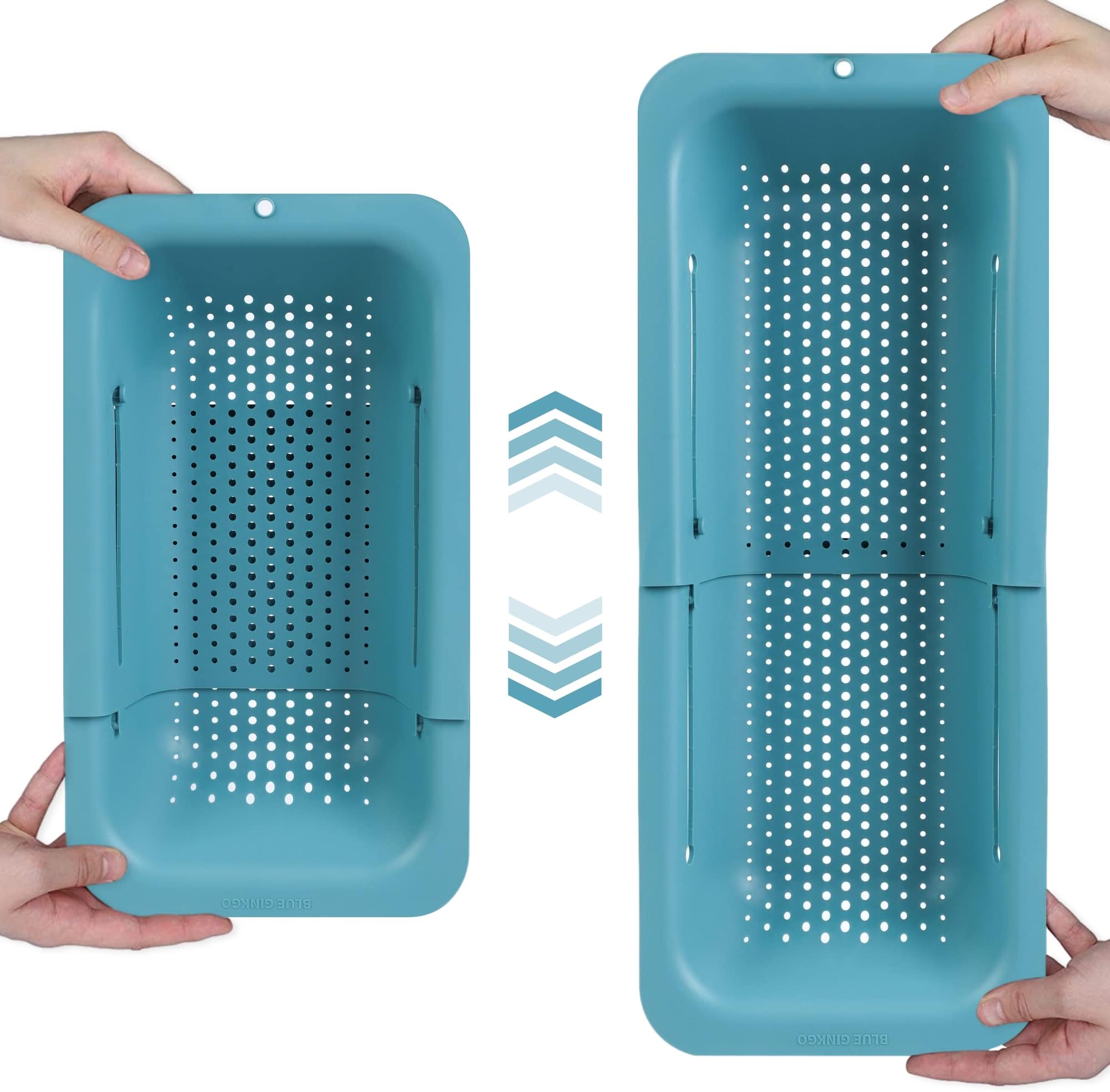 BLUE GINKGO Over the Sink Colander Strainer Basket - Wash Vegetables and Fruits, Drain Cooked Pasta and Dry Dishes - Extendable - New Home Kitchen Essentials (7.9 W x 14.5-19.5 L x 2.75 H) - Teal