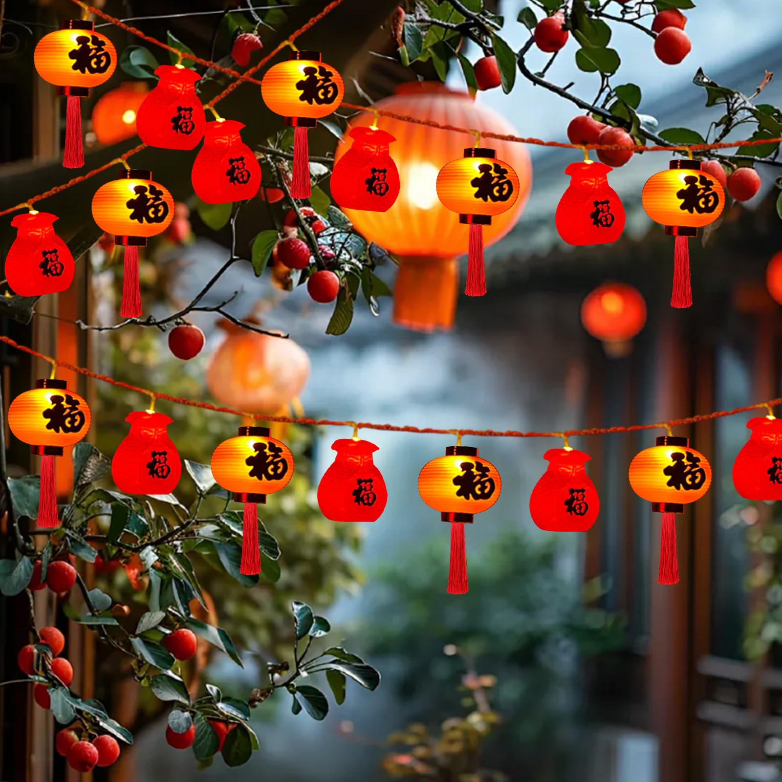 siawadeky 中華提灯 LEDライト ストリングライト 3m 20電球 福袋形 ランタン 赤 提灯ライト 旧正月 新年 春節 イルミネーションライト USB給電式 防雨タイプ お祭り 縁起のいい 屋外 ショップ 店舗 装飾用