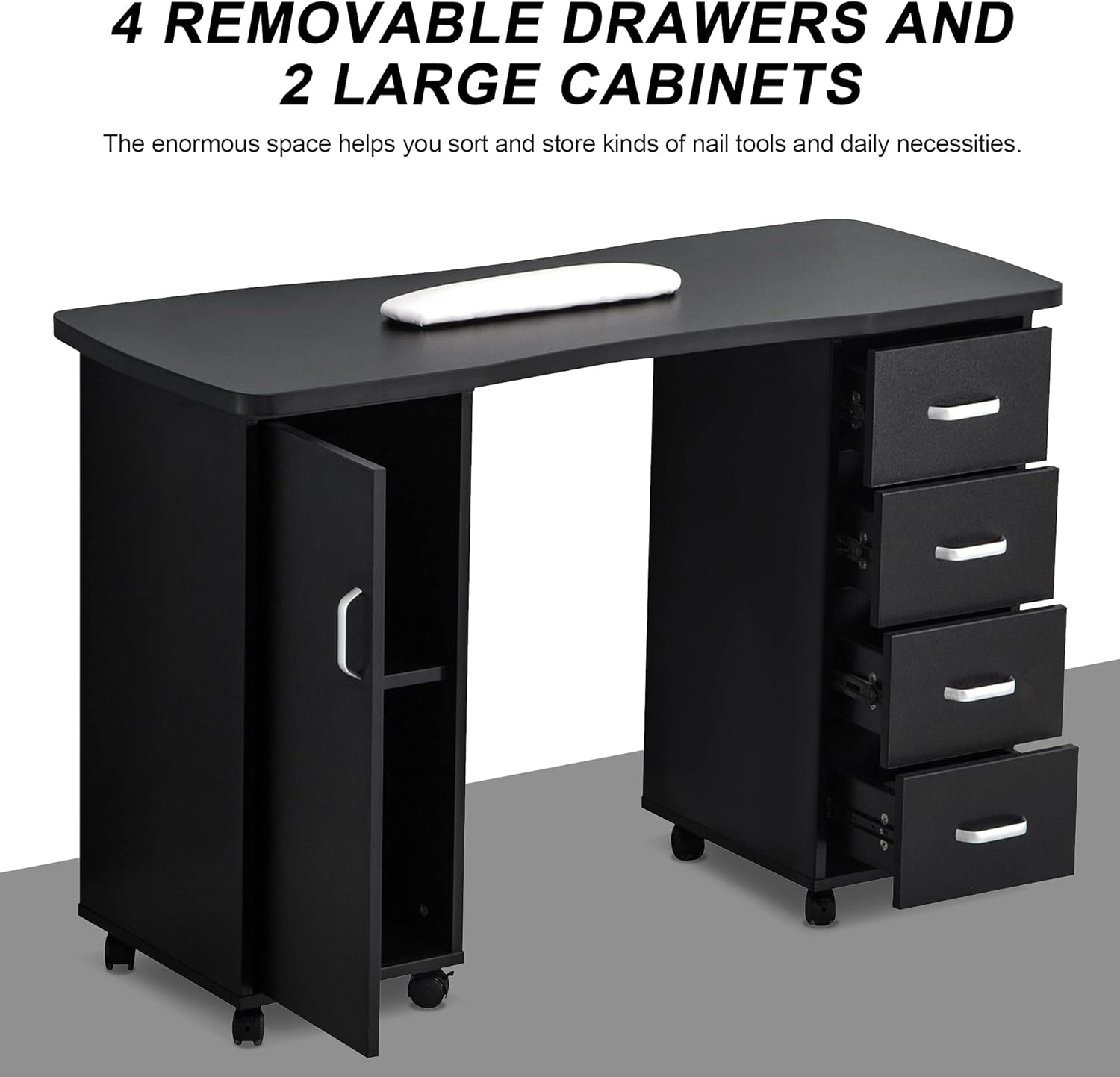 BarberPub Manicure Table, Acetone Resistant Nail Desk, Nail Table with 4 Drawers, 2 Cabinet, Lockable Wheels, Wrist Pad, Nail Desk for Nail Tech, Beauty Salon Black 0611