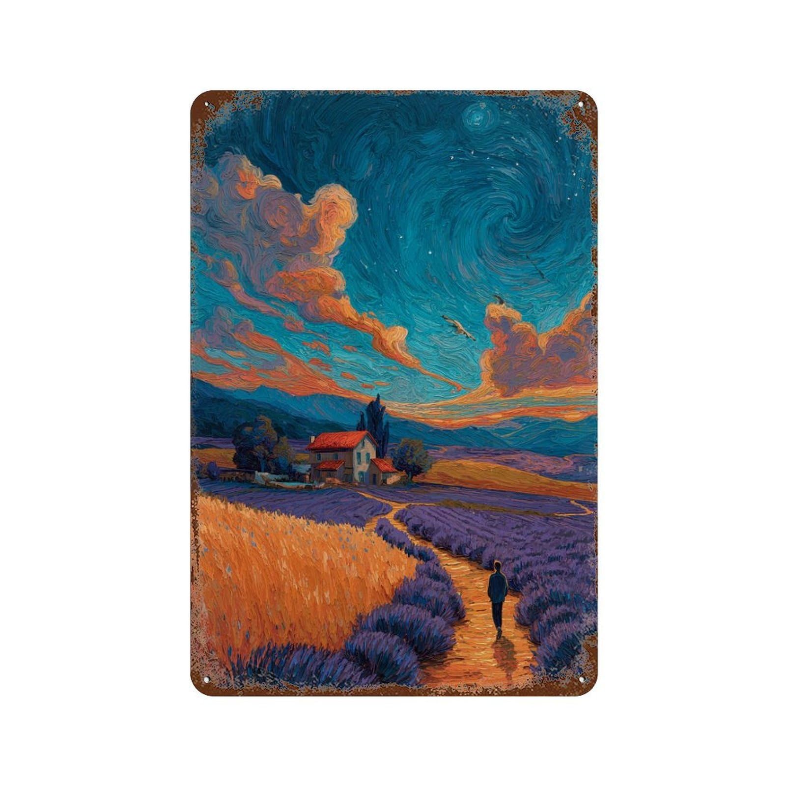 Starry Night Lavender Pathway Distressed Metal Wall Sign 11.8"x7.9", for Garage, Bar And Workshop Decor, Decorative Metal Wall Art