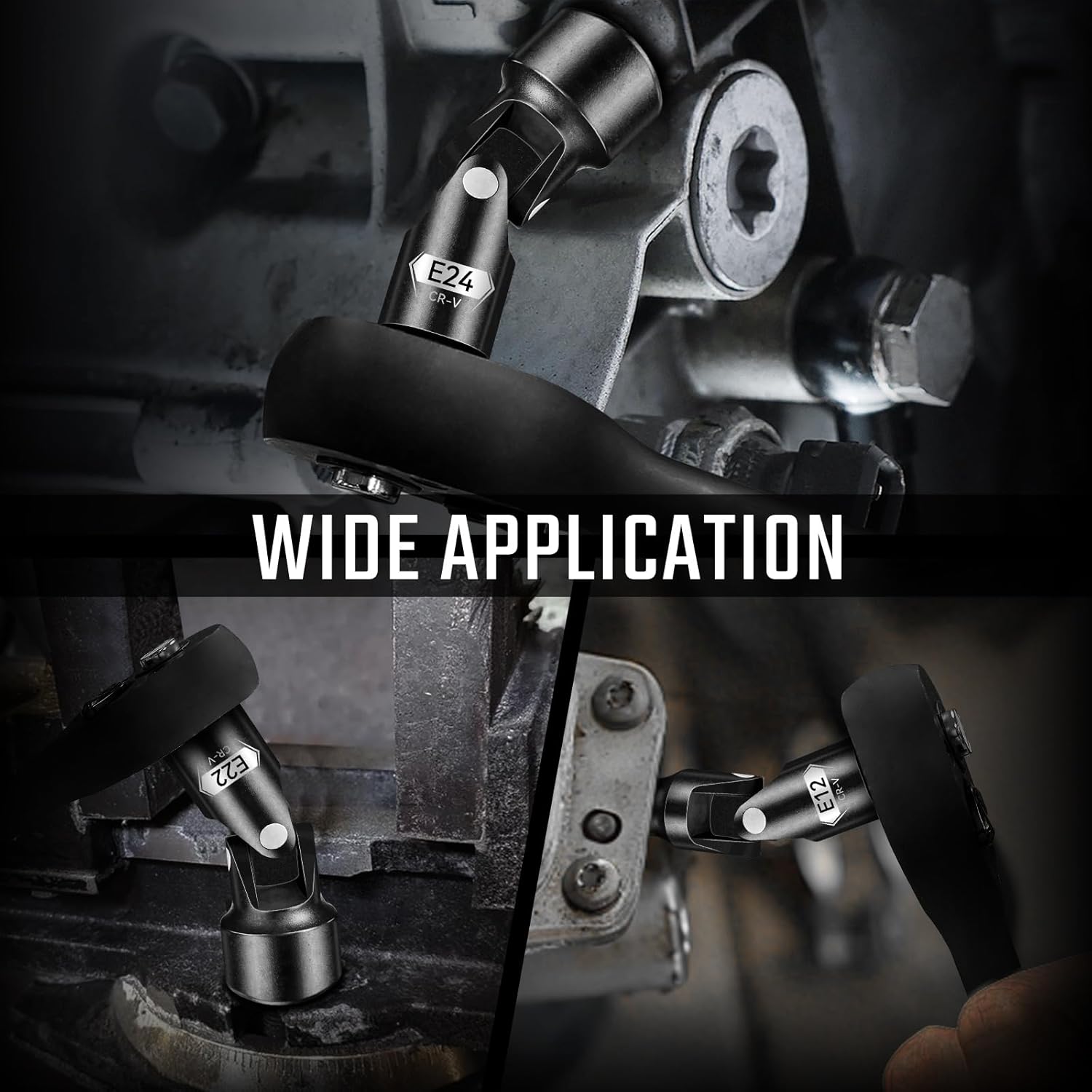 ZHAX 15-Piece E-Torx Swivel Socket Set, 1/4" & 3/8" Drive Universal Joint External Star E4-E24 (7-14mm), CR-V Steel with Adapters