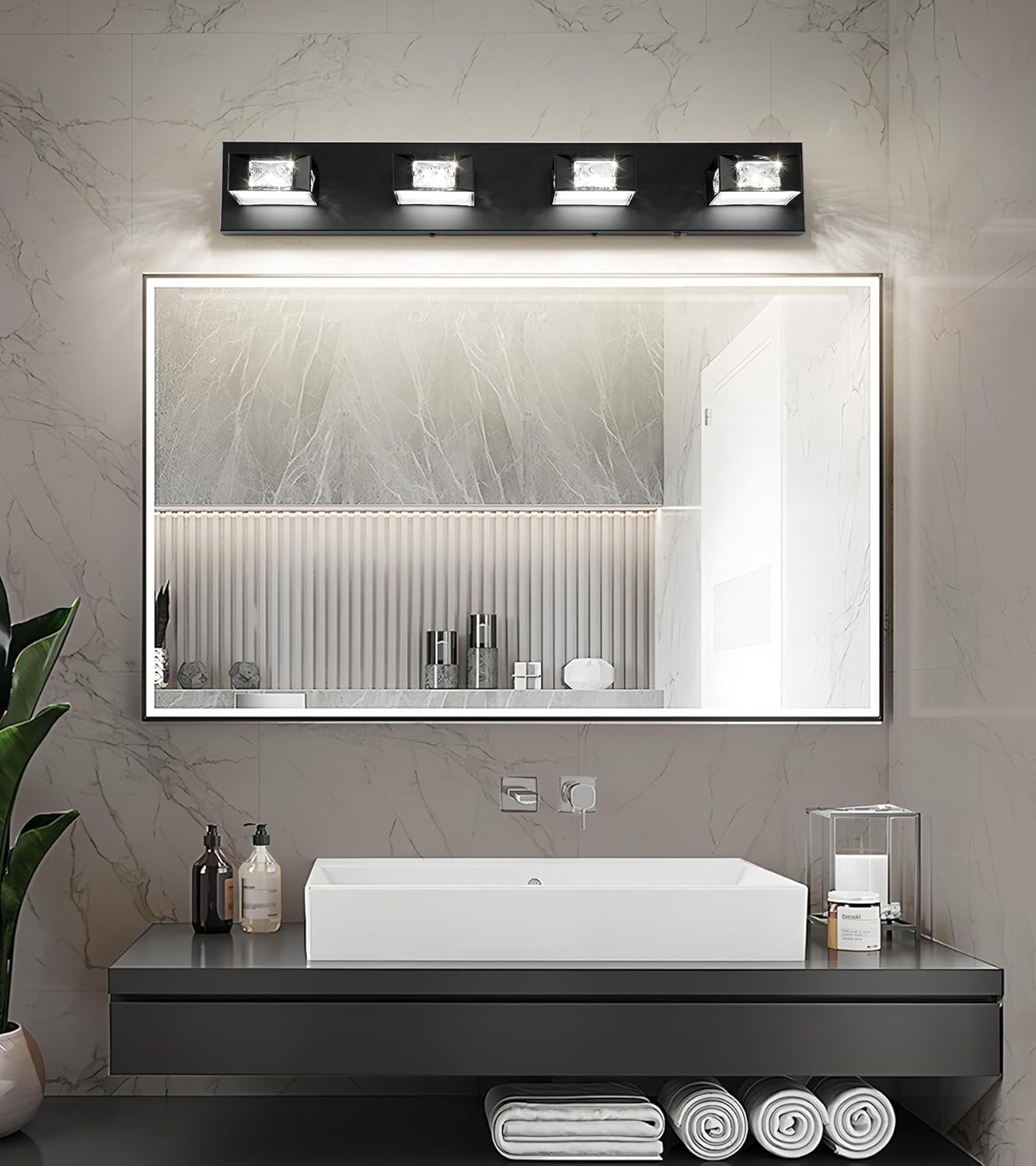 Joossnwell Black Vanity Light for Bathroom (4-Light, 28-Inch) Crystal Bath Light Fixtures 5CCT Dimmable Modern Led Bathroom Light Over Mirror with 350°Rotatable Head