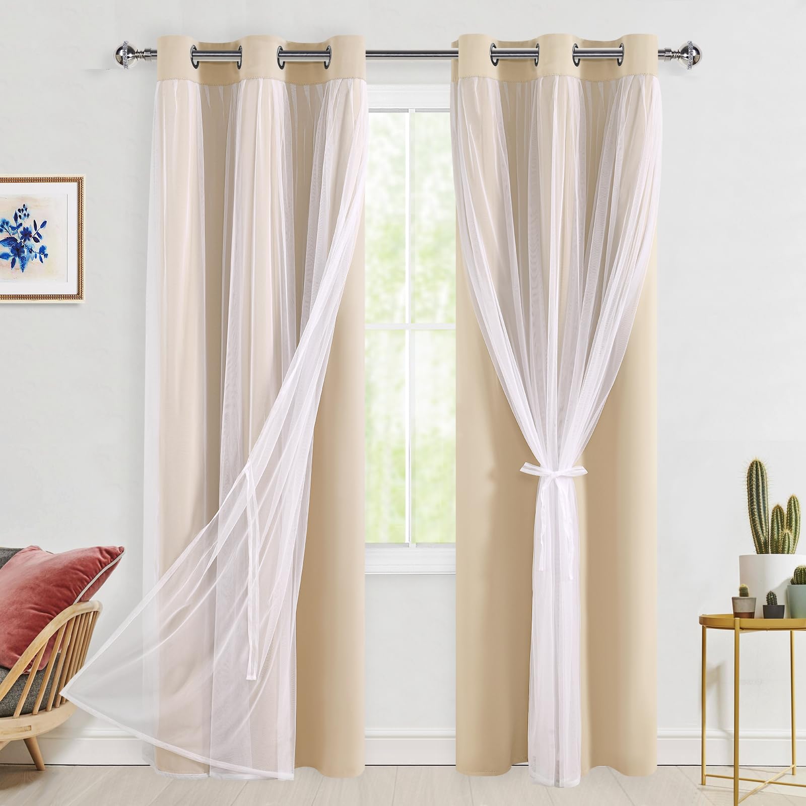 Rideaux occultants double couche Hiasan avec voile transparent et isolant thermique