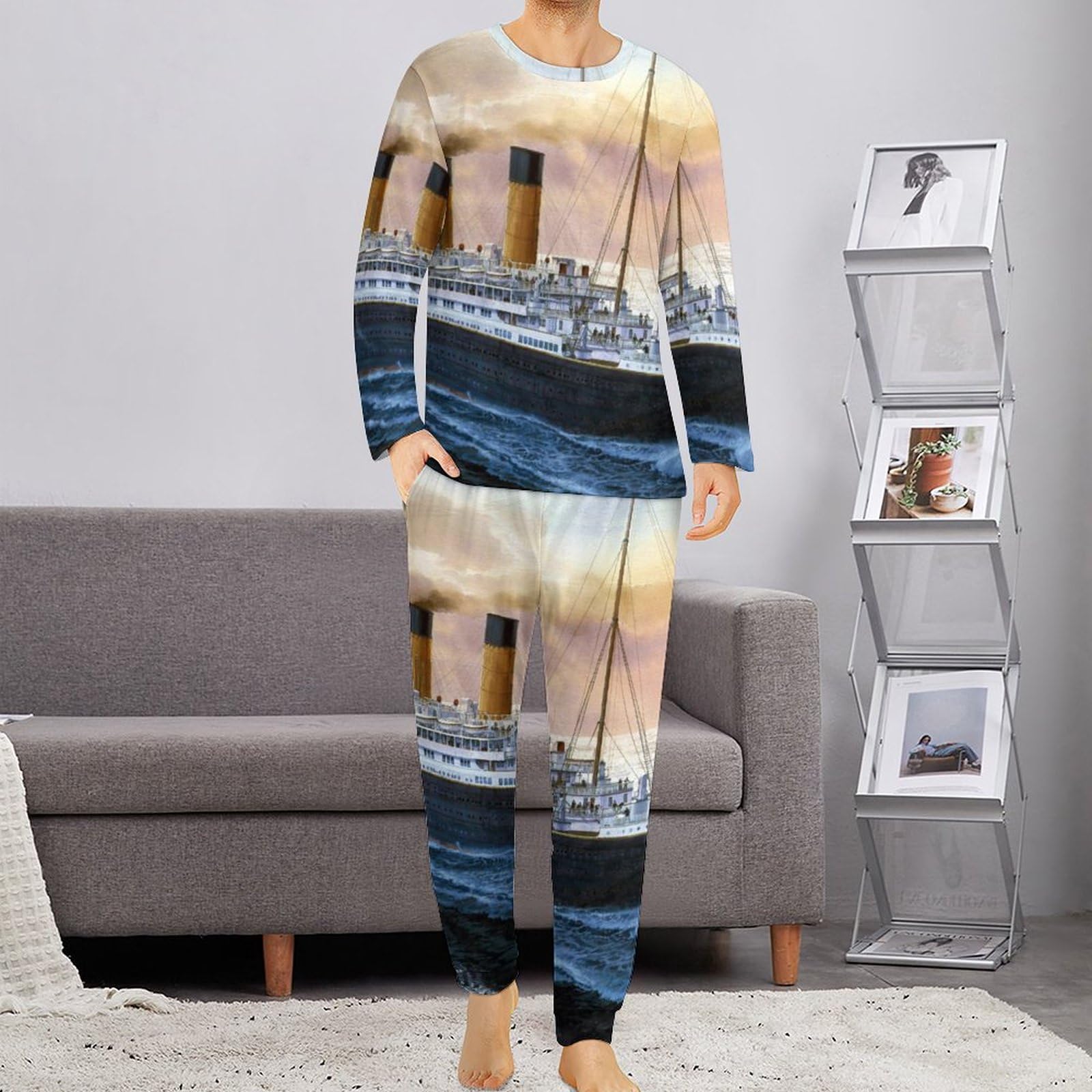 Retro Titanic Famous Old Historic Men's Pajamas Set Long Sleeve Sleepwear Soft 2 Piece Loung Set Pjs with Pockets 3XL