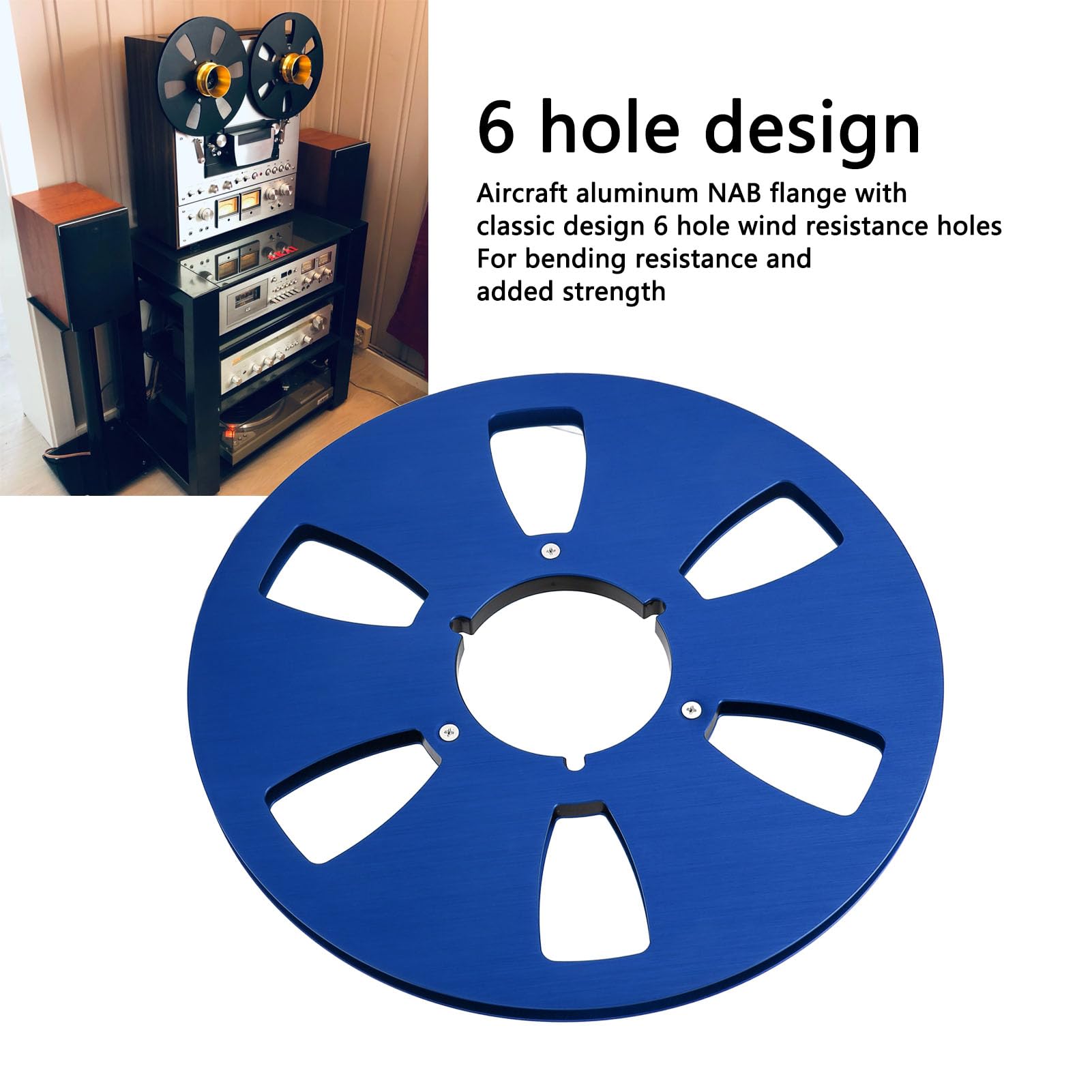 1/4 10.5 Inch Empty Takeup Reel, 6 Holes Aluminum Alloy Sound Tape Takeup Reel for Akai, Universal Reel to Reel Recording Tapes (Blue)