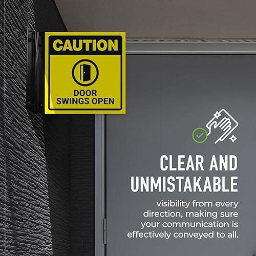 Miniatura 4 de Caution Doors Swings - Letrero de proyección abierto, doble cara, 6 x 6 pulgadas, ACM, con accesorio negro satinado, fabricado en Estados Unidos