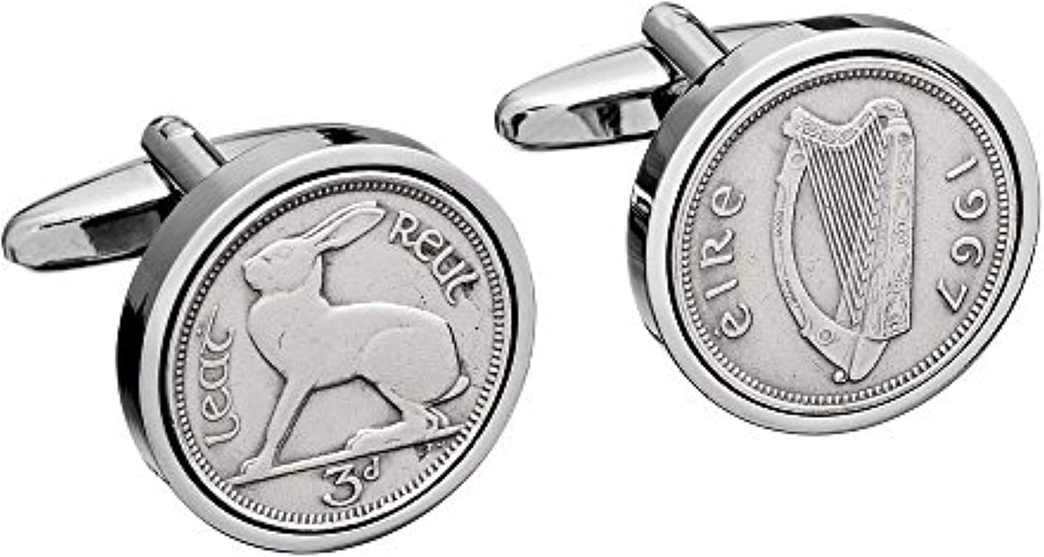 Cufflinks - Rhodium plated - 1967 - Lucky Irish Threepence Coin Cufflinks - 1967 Birthday Cufflinks