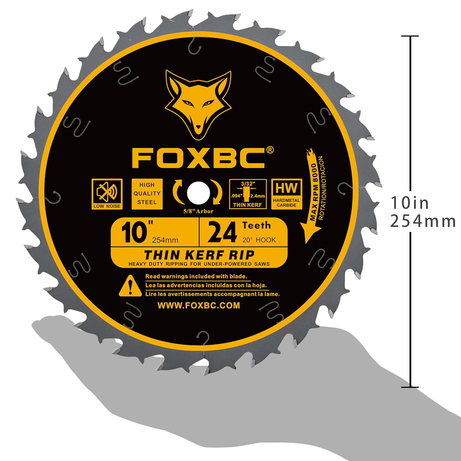 FOXBC 10-Inch Thin Kerf Ripping Table Saw Blade for Wood Cutting, 24-Tooth FTG, 5/8-Inch Arbor