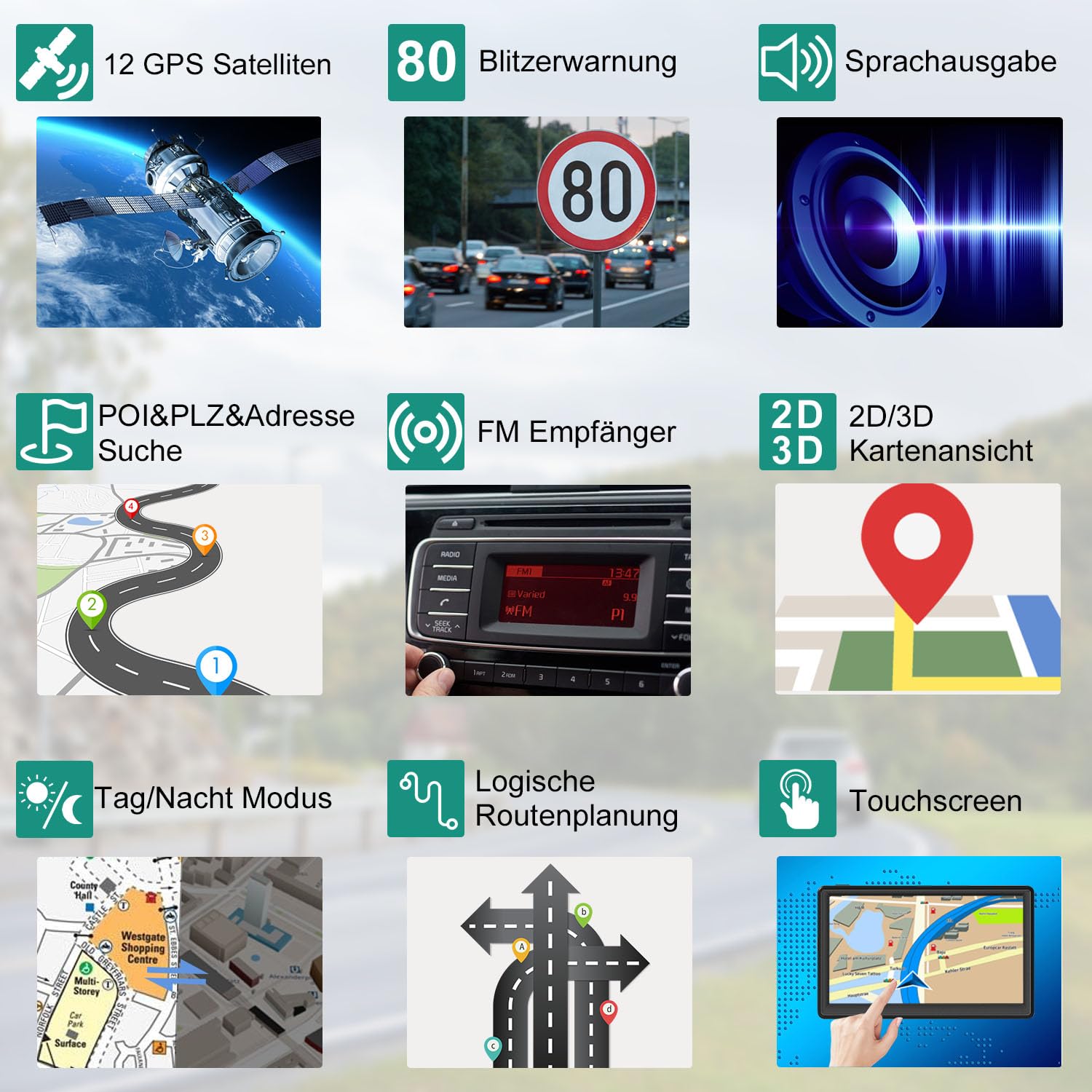 GPS Navigationsgerät für Auto und LKW 2024 - 7 Zoll Navigation mit Europa UK 52 Karten, Lebenslang Kostenloses Kartenupdate, Blitzerwarnung, Sprachführung, POI, Fahrspur