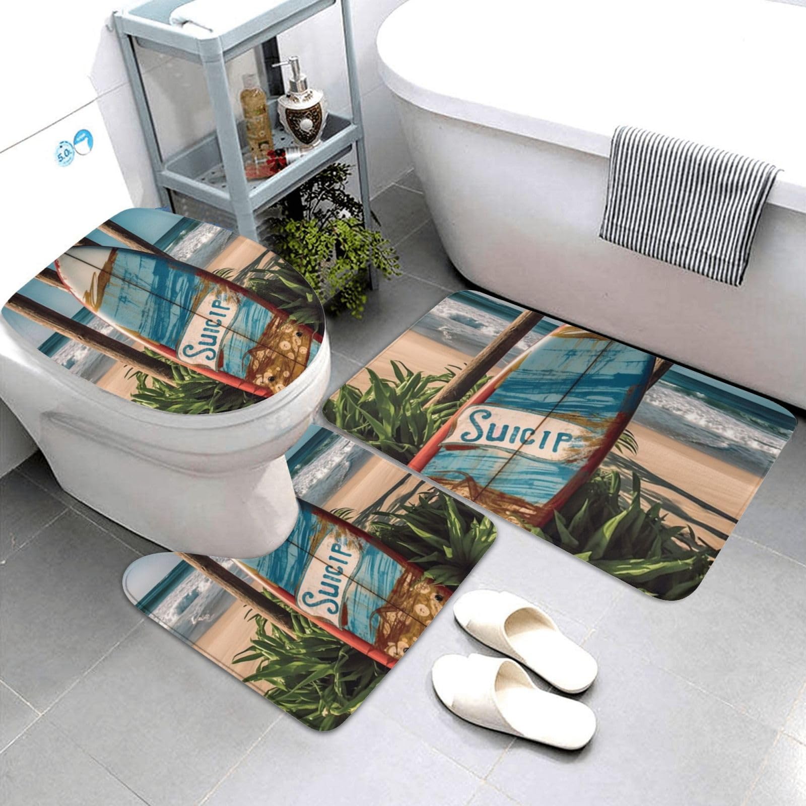 Dwrepo Surfing Board Print Bathroom Rug Set 3 Piece with Non-Slip U-Shaped Contour Mat and Toilet Lid Cover for Bathroom Decoration