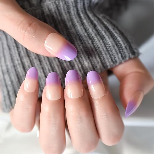 Miniatura 3 de Uñas postizas a presión color morado francés desnudo, uñas postizas con acabado de gel UV, uso diario, uñas postizas redondas ovaladas medianas