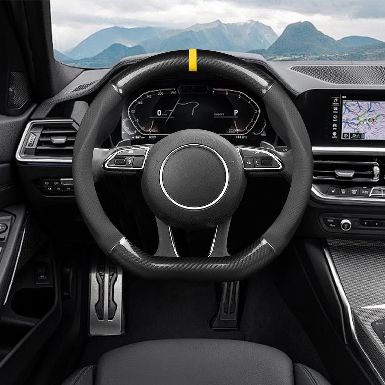 Ergocar Car Steering Wheel Cover Non-Slip Protector Sport D-Shape Carbon Fiber & PU Leather Universal for Diameter 38cm(15")