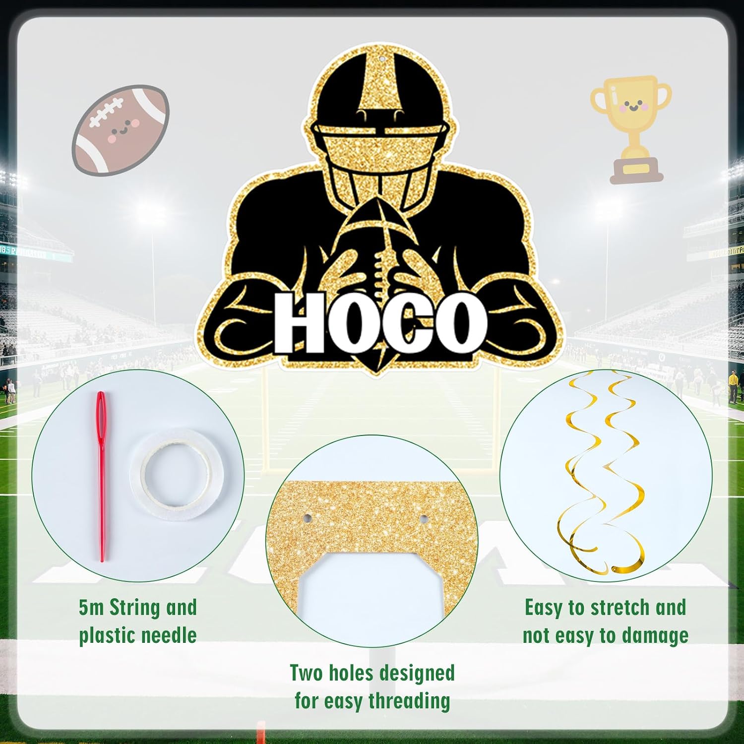 22PCS Homecoming Football Game Banner Hanging Kit Welcome Back to School Swirls Decor Supplies Gold Homecoming Sign with 2PCS 5m Strings for First Day of School Party Decorations