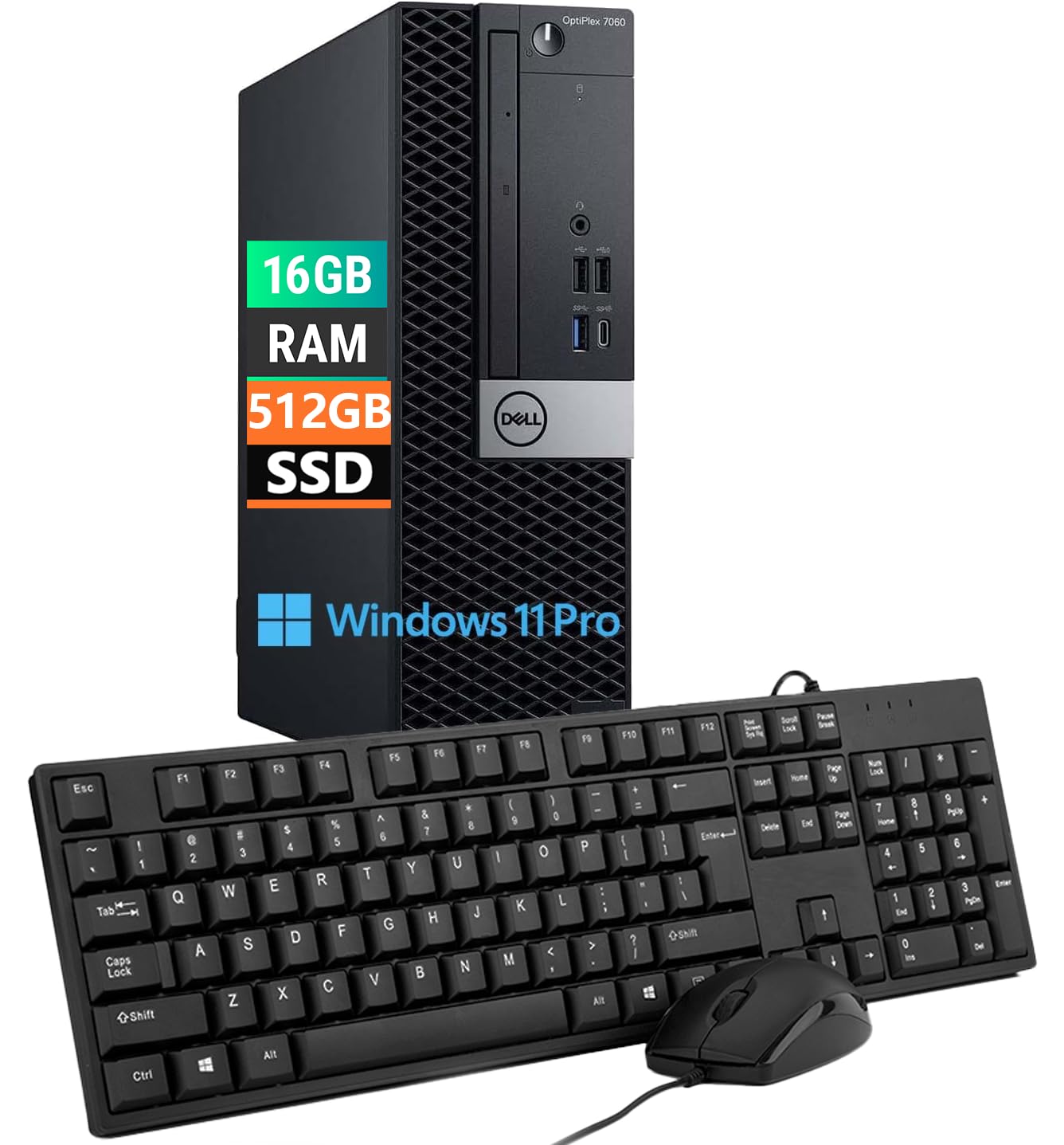 Dell Optiplex 7060 SFF Ordinateur de Bureau, Intel Core i5-8500, 16 Go de RAM, SSD 512 Go, Wi-FI, Bluetooth, Clavier QWERTY Américain, Windows 11 Pro (Reconditionné)