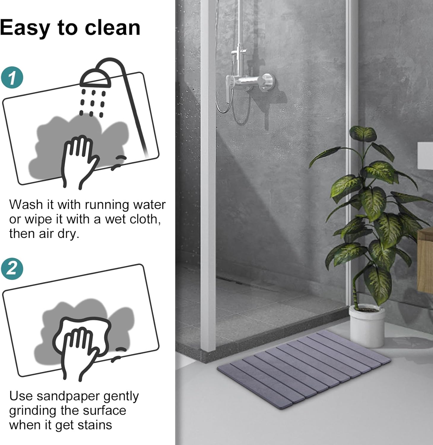 Foldable Stone Bath Mat, Quick-Drying Diatomite Bath Mat, Fast-Drying Hard Stone Drying Mat for Bathroom Shower Floor, 23.6 x 15.4 inch (Dark Grey)