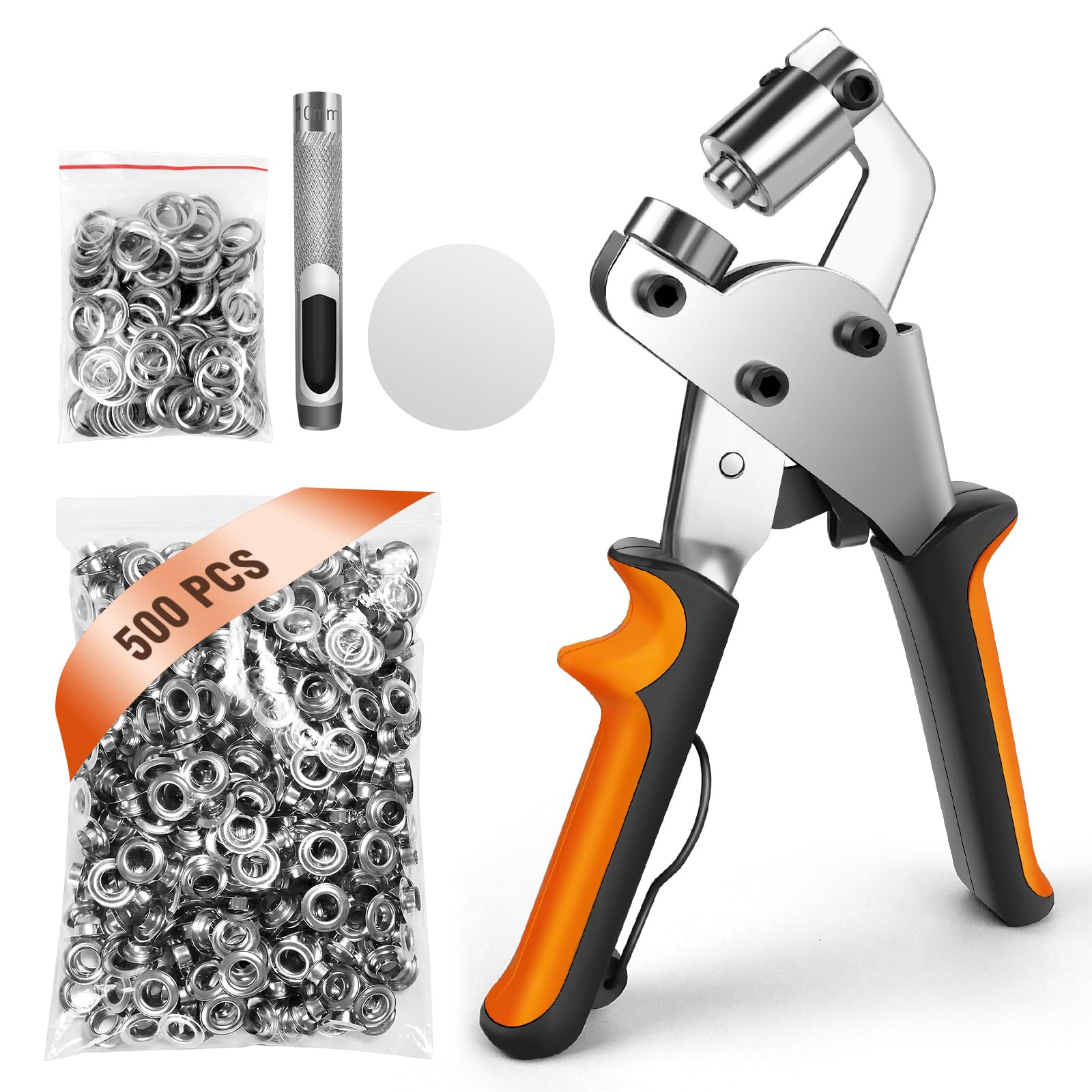 Magnetic Eyelet Punch Kit 3/8 Inch (10mm), Grommet Kit with 500pcs Metal Grommet Eyelets, Lock Mechanism, Ergonomic Handle, Fabric Hole Punch for Fabric, Tarpaulin, Banners, Clothing, Belts, Poster