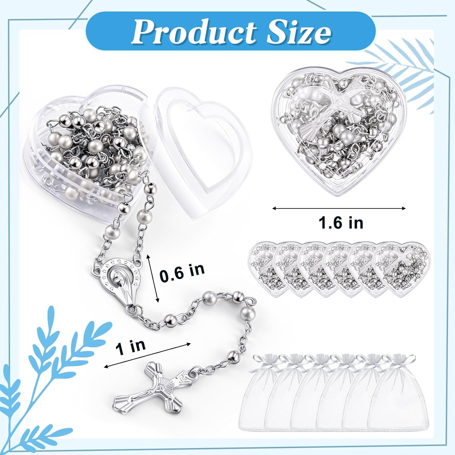 ROCEEI Catholic Rosary Necklace 4 mm Glass Beads Rosary Favors Crucifix Prayer with Faux Pearl with Heart Shaped Box and Organza Bag for First Communion Baptism