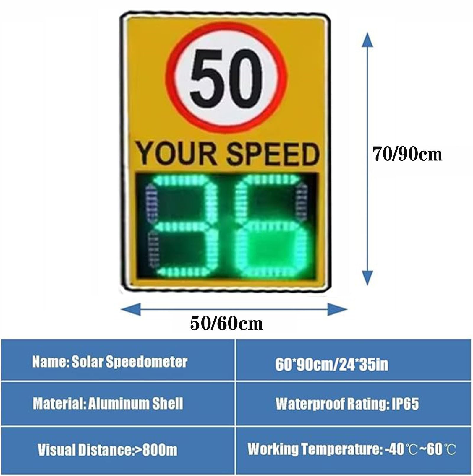 Radarowy znak ograniczenia prędkości z wyświetlaczem LED, regulowane ograniczenie prędkości 0-199 km/h, znak ostrzegawczy o drodze, 60 x 90 cm do monitorowania prędkości i kontroli ruchu drogowego