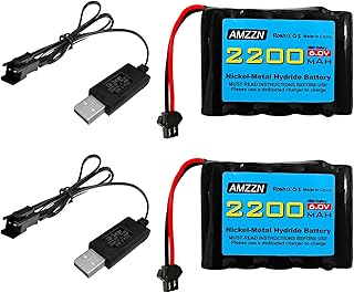 AMZZN 2PCS 6.0V 2200mAh AA NiMH Battery with SM-2P Plug and USB Charger for TB141 TB142 DE37 RC Toy Car, RC Excavator, Truck, and Engineering Vehicle Batteries (2PCS Battery+2 USB)