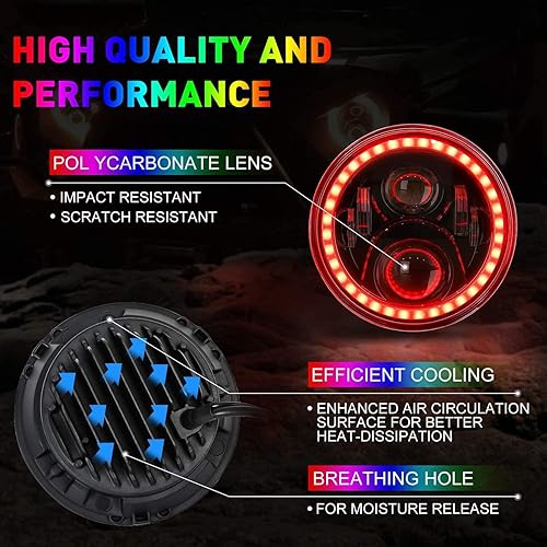 Miniatura 4 de ZiopGTob Faros delanteros LED RGB de 7 pulgadas Halo, H6024, redondos, LED, faros halo, faros delanteros negros de 7 pulgadas, haz sellado alto y