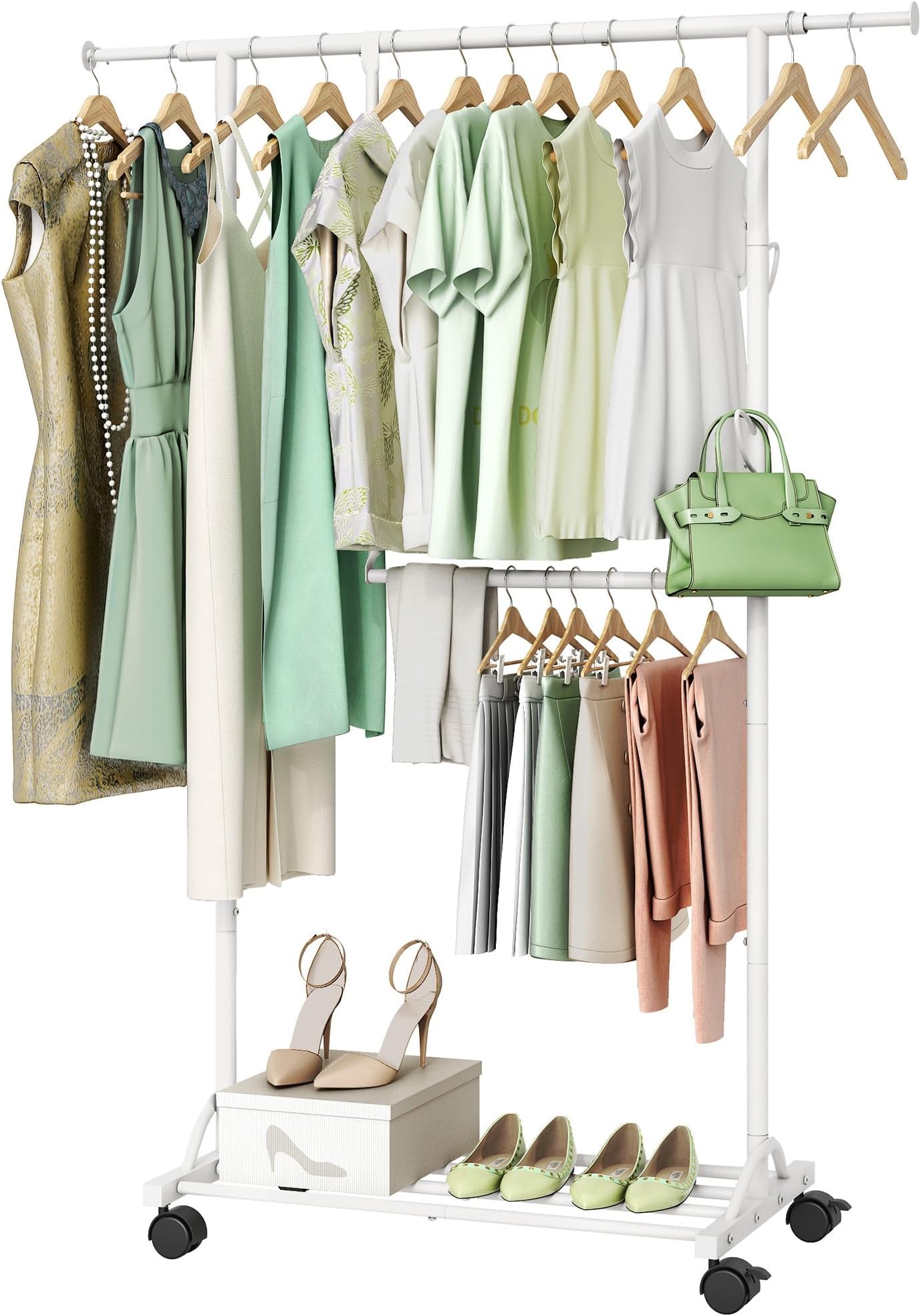 Hoctieon Clothing Garment Rack with Bottom Shelf, Heavy Duty Double Rods Clothes Hanging Rack with Wheels, Extendable Rolling Garment Rack with 2 Hooks, Commercial Clothing Storage Display, White