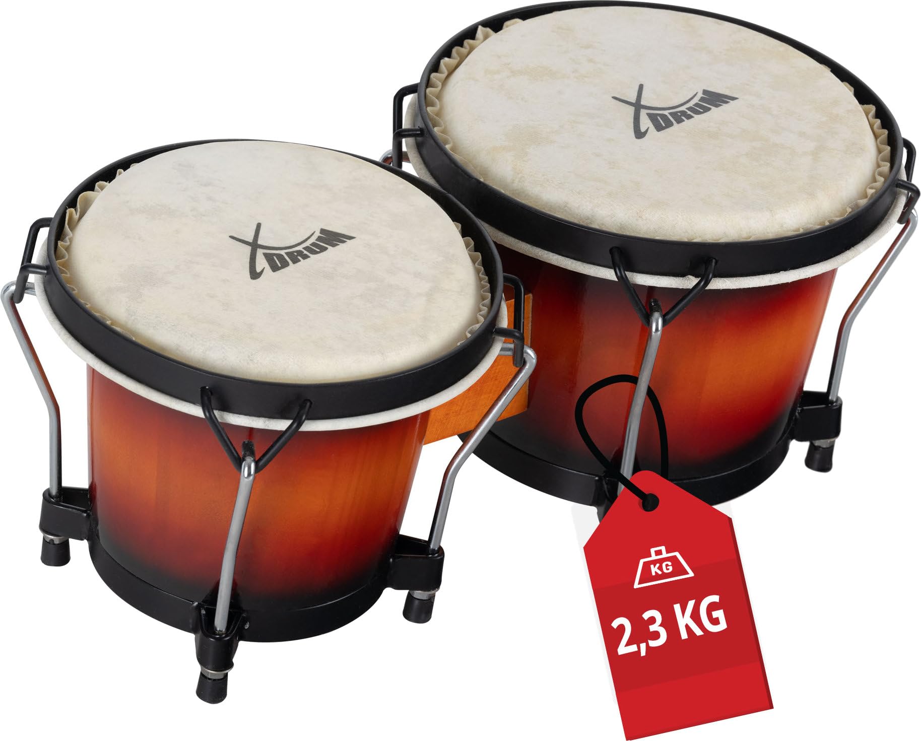 XDrum PERC Bongos Club Bordeaux - 2 Tamburi da 6" e 7" - Bonghi con pelli naturali accordabili e chiave di accordatura - Tamburi in legno Vintage Sunburst