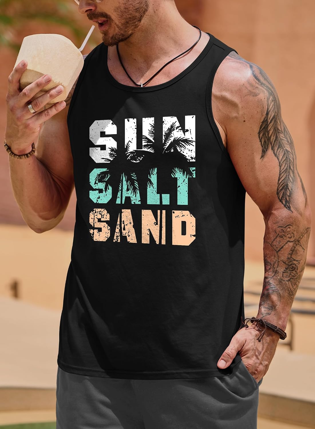 VOGSTART Mens Beach Tank Tops Summer Vacation Graphic Sleeveless Shirts