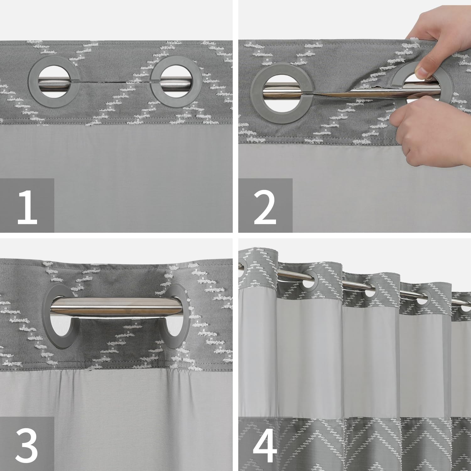 Grey No Hook Shower Curtain with Snap-in Liner Set,Boho Modern Farmhouse White Tufted Chevron Striped Design,Woven Fabric Bathroom Curtain,71x74