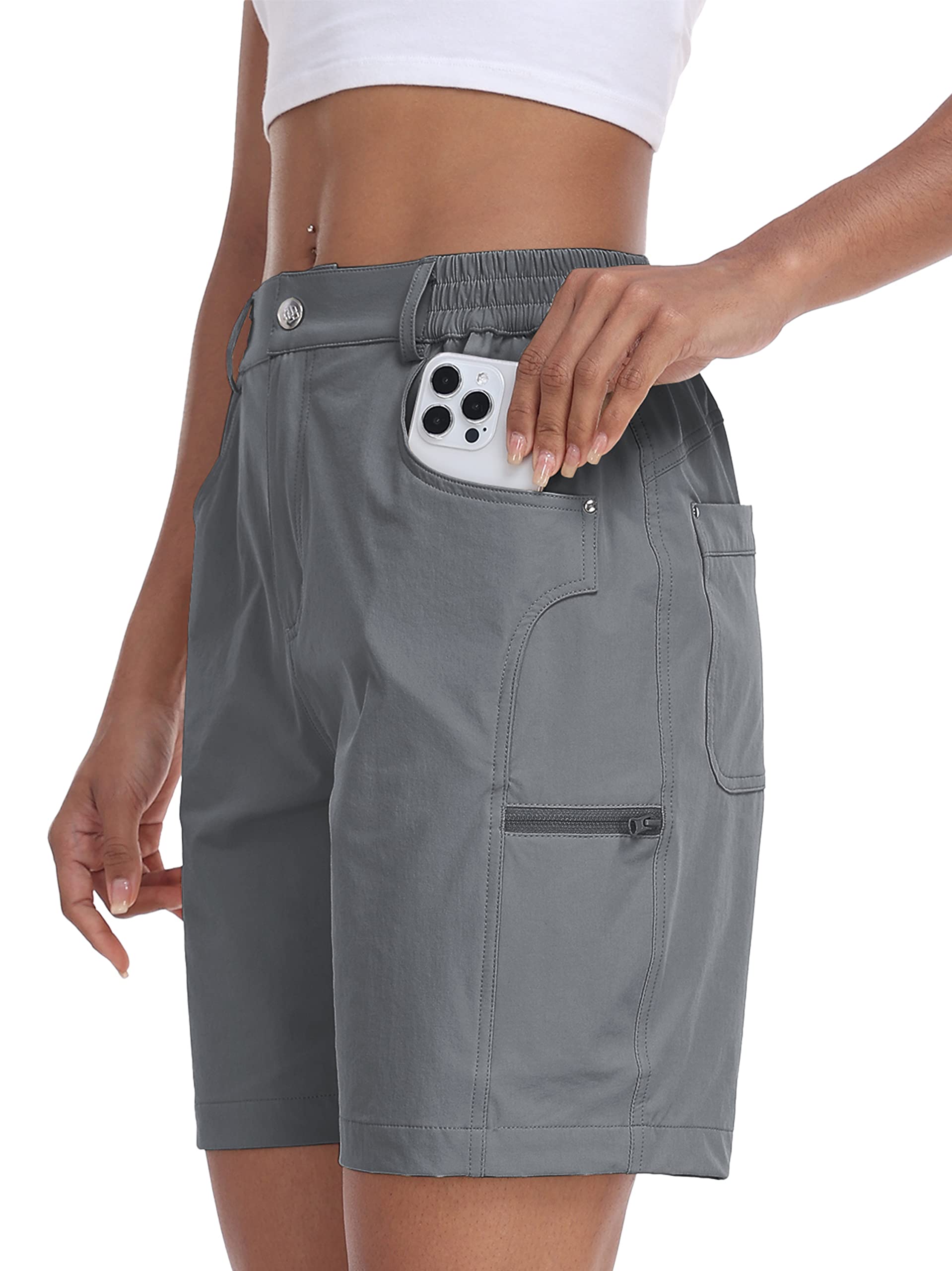MoFiz Spodenki Cargo Damskie Hiking Shorts Lekkie Elastic Trekking Spodnie robocze Wodoodporny z kieszeniami, Szary, L