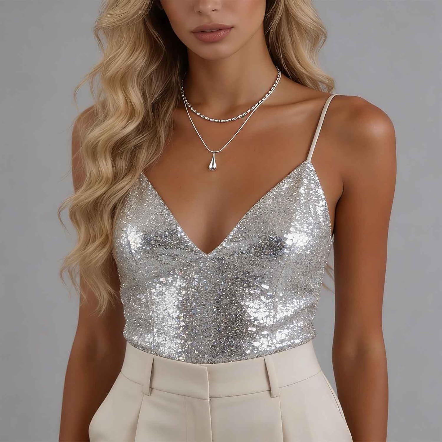 Vintage Layered Teardrop Necklaces Silver Rice Bead Necklace Metal Teardrop Pendent Necklace Water Drop Choker Necklaces Raindrop Chain Pendent Jewelry for Women - Image 5