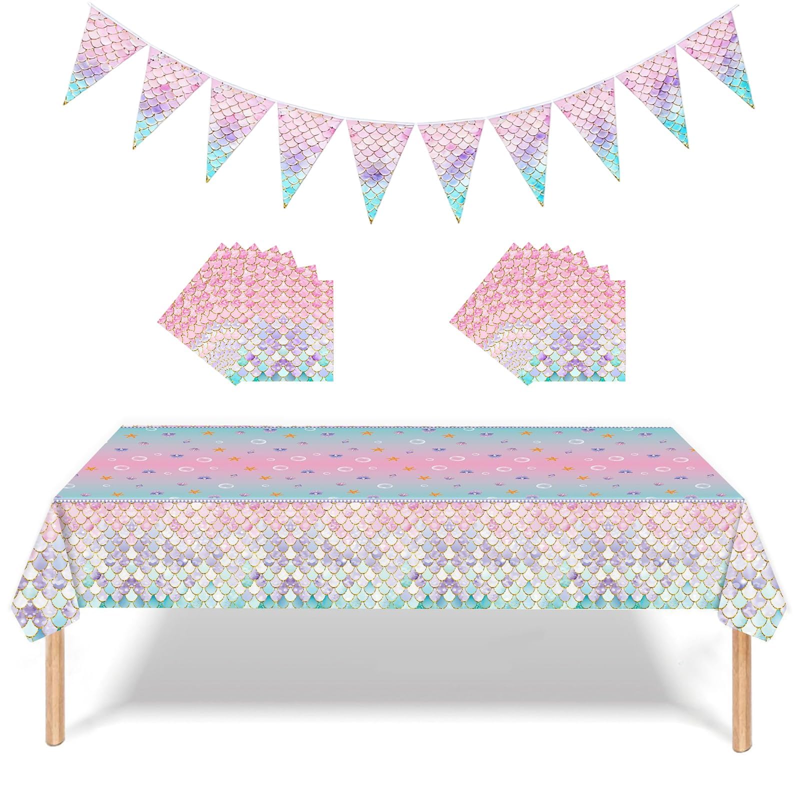 Disposable Mermaid Party Tableware Set, Pink Purple Blue Gradient, 22-Piece | Includes 1 rectangular table cover, 20 square napkins, 10-flag pennant banner, for indoor birthdays and ocean celebrations