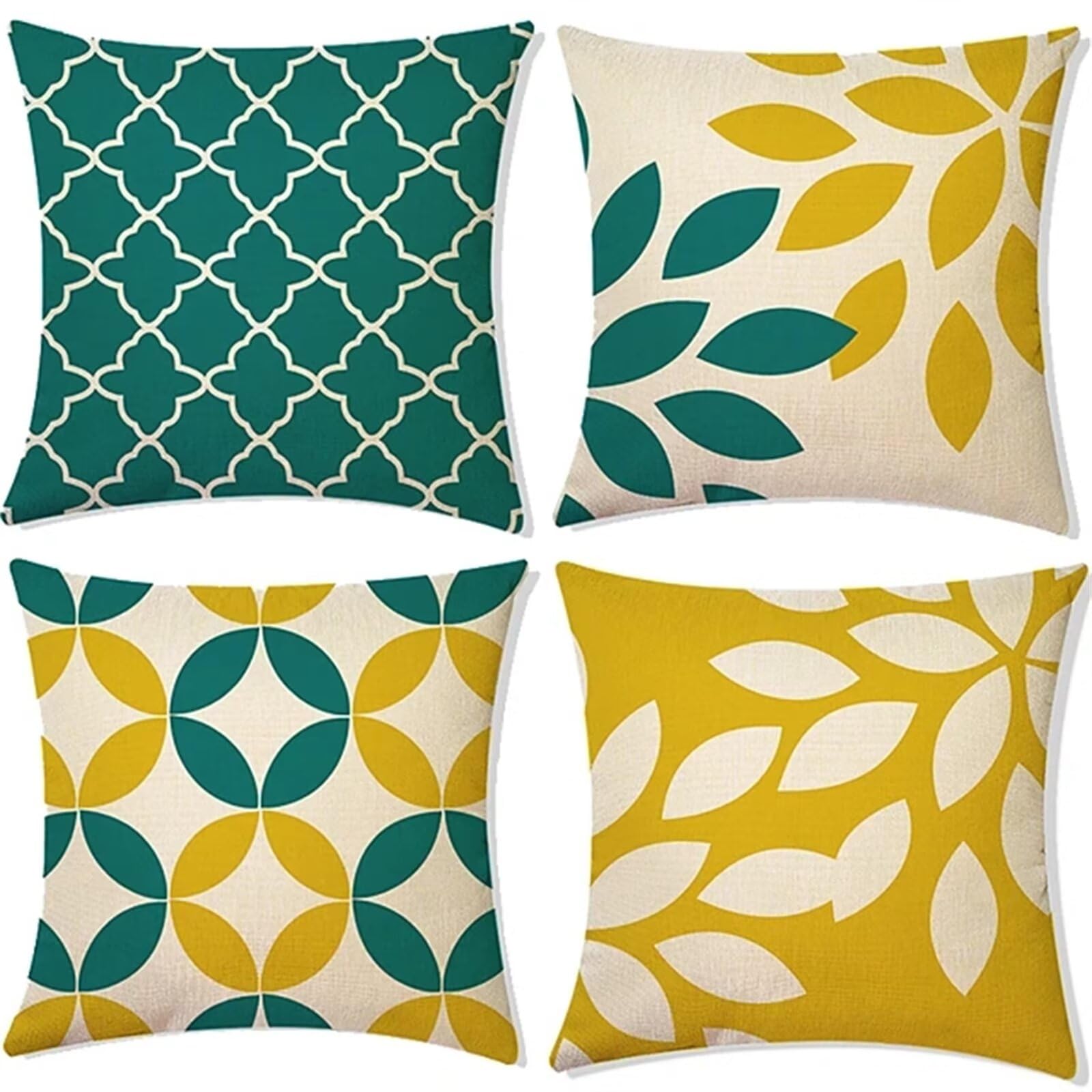 Juego de 4 Impermeable Funda de Cojín Hojas geométricas Amarillas y Verdes,45x45cm Moderno Suave Lino Fundas de Almohada Cojines Decor con Cremallera Oculta para Exterior Sofá Cama Coche Hogar