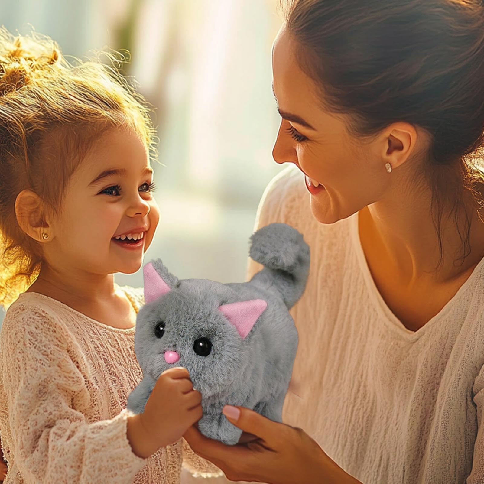 CatchCute Jouets en peluche pour chats pour enfants avec laisse, chat électronique interactif qui marche, miaule et remue la queue, jouets de Noël et d'anniversaire réalistes pour les filles et les