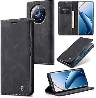 جراب موبايل متوافق مع اوبو ريلمي 12 برو بلس + جلد افقي متعدد الوظائف فتحة للبطاقات وحامل ومحفظة لموبايل اسود منقلب