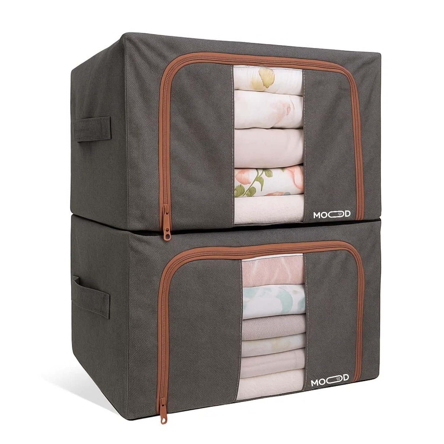 Generico Set 2 scatole per armadio rigide 52x42x33 cm, 132L totali - Tessuto impermeabile e resistente all'umidità, Organizer armadio impilabili con maniglie in acciaio e finestra trasparente