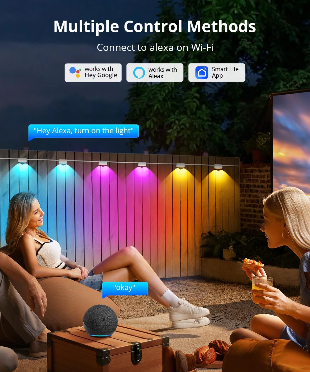 Outdoor Deck Lights 8 Packs, Smart RGBCW Fence Light, 100+ Scene Modes, Dual Lens LED String Lights with APP/Voice/Remote Control, IP65 Waterproof for Halloween Christmas Decor, 52ft White