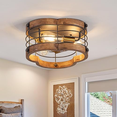 Miniatura 9 de Lámpara de techo de montaje empotrado estilo granja, 3 luces de metal y madera de 12.2 pulgadas, lámpara de techo para cocina, comedor, sala de