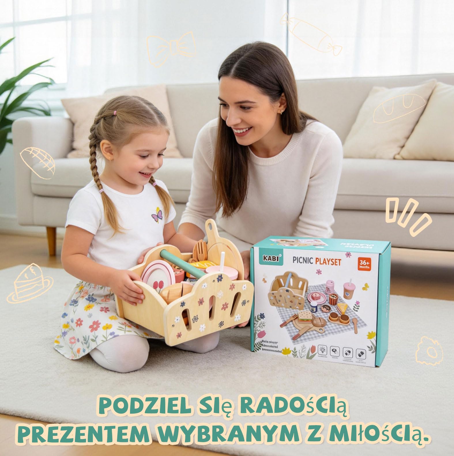 Potatomato Zestaw na piknik dla dzieci z zestawem do herbaty dla dzieci wraz z zabawkami do deserów - drewniane zabawki i zabawki na podwórko dla chłopców i dziewczynek