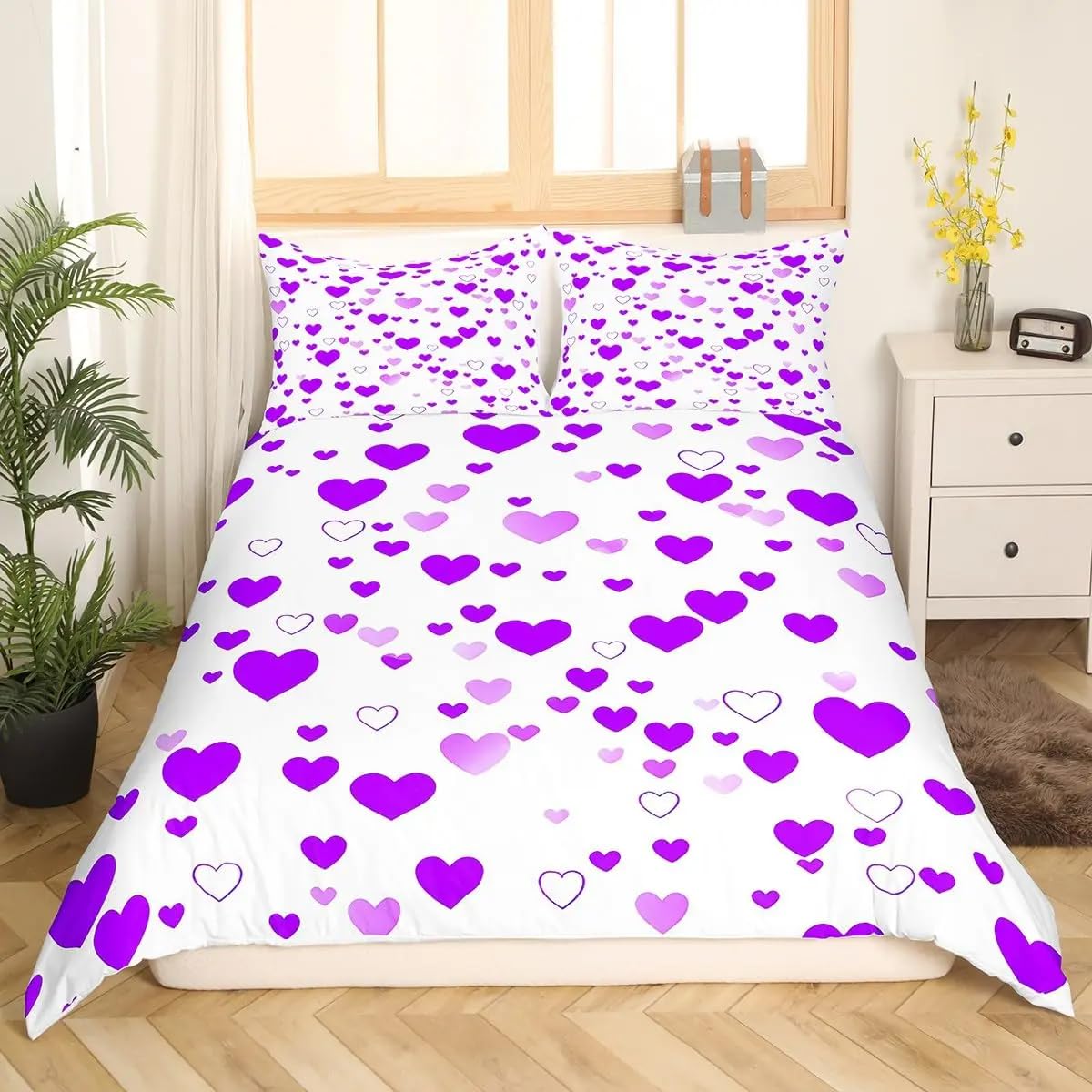 Housse de Couette Violette 240X220 Idée Cadeau Romantique pour Couple Motif Coeur Dessiné
