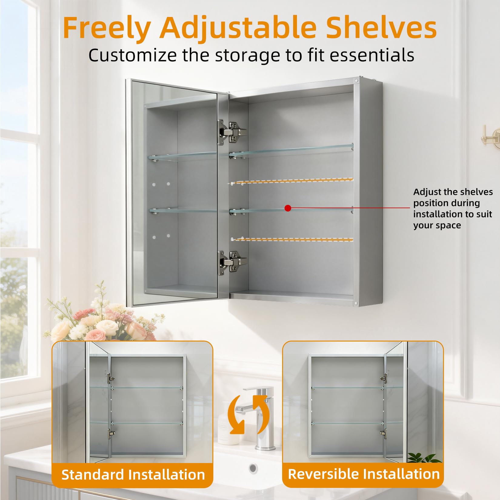 Botiquín de baño de 45 x 60 cm con espejo, marco de aluminio, ligero, resistente y atractivo, apto para empotrar o montar en la pared, estantes ajustables, vidrio templado