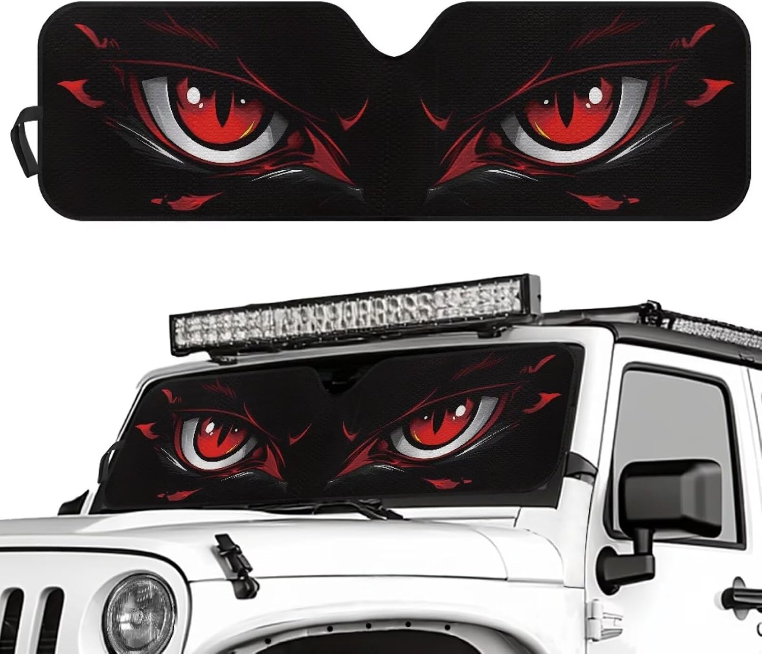 SEANATIVE Foldable Windshield Sun Shade Compatible with Jeep Wrangler JK JL, Red Eyes Windshield Shade Heat Shield Windshield Cover Bolck UV Rays & Protect Car Interior