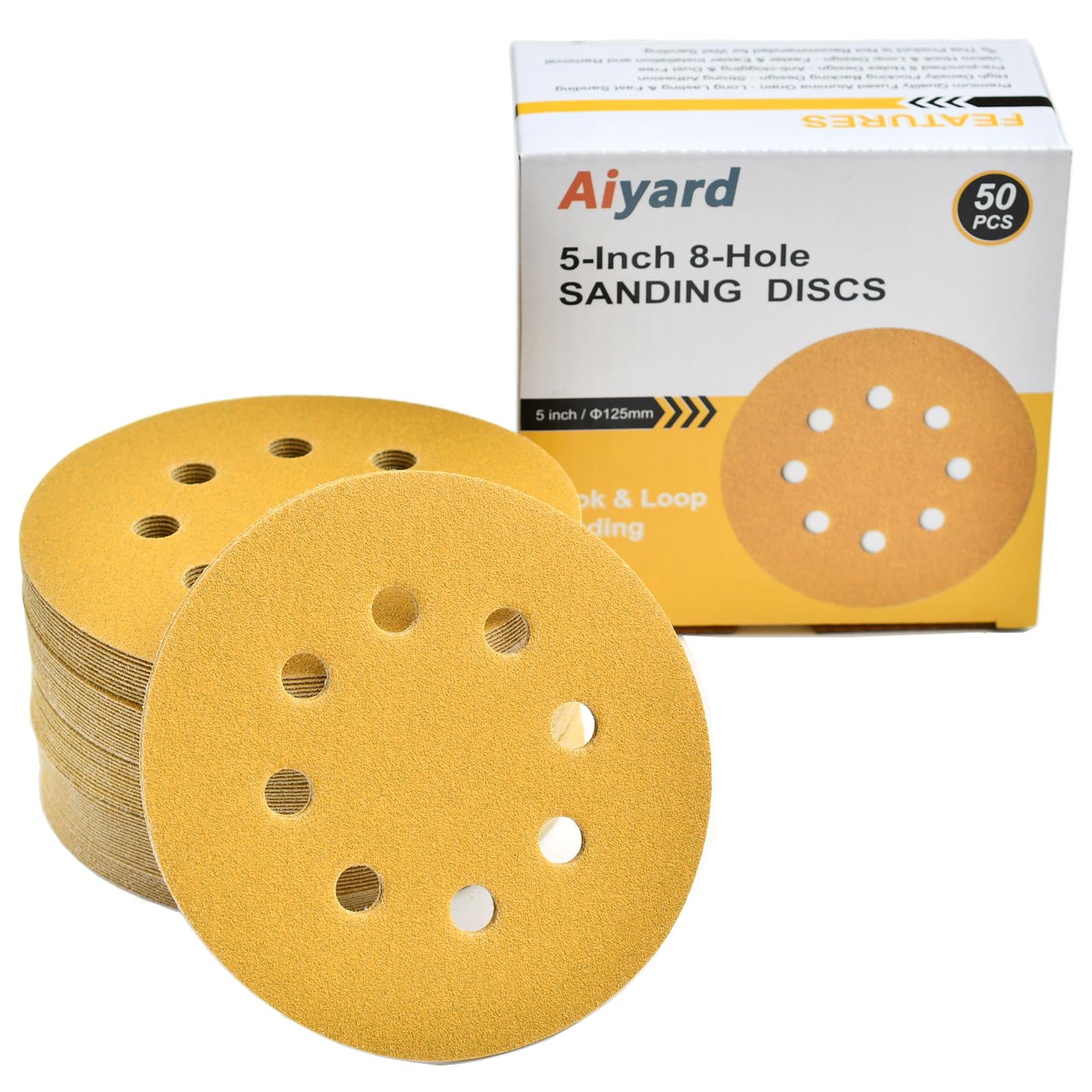 Aiyard 5-Inch 8-Hole Hook and Loop Sanding Discs 150-Grit Random Orbit Sandpaper, 50-Pack