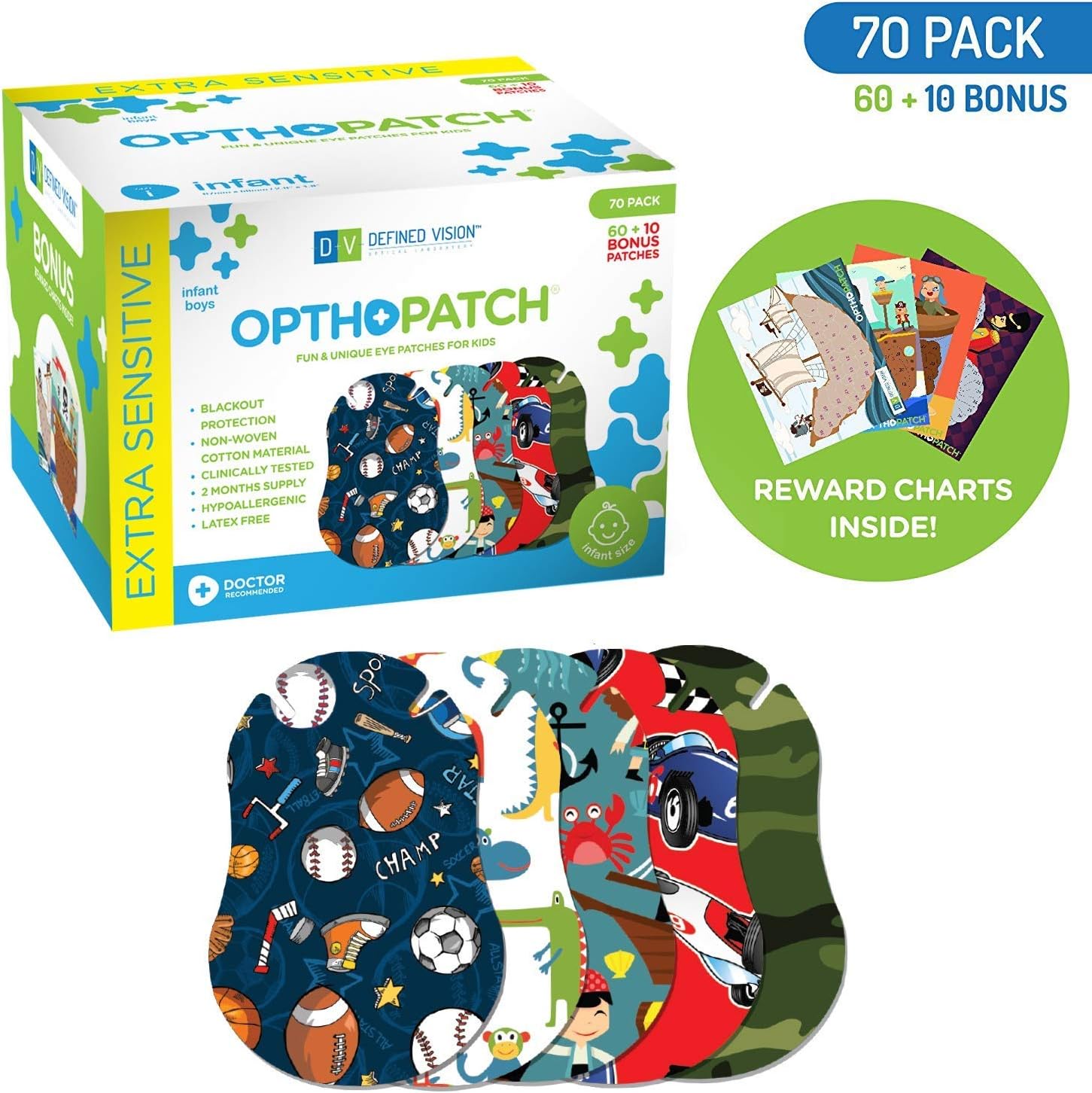 OPTHOPATCH Eye Patches for Infants - Fun Boys Design - 60+10 Bonus Latex Free Hypoallergenic Cotton Extra Sensitive Adhesive Bandages for Amblyopia & Cross Eye by Defined Vision