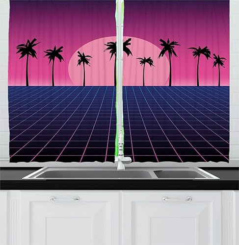 Ambesonne Synthwave - Cortinas de cocina, suelo de rejilla retro con siluetas de palma y diseño de vibraciones de vapor de los años 80, juego de