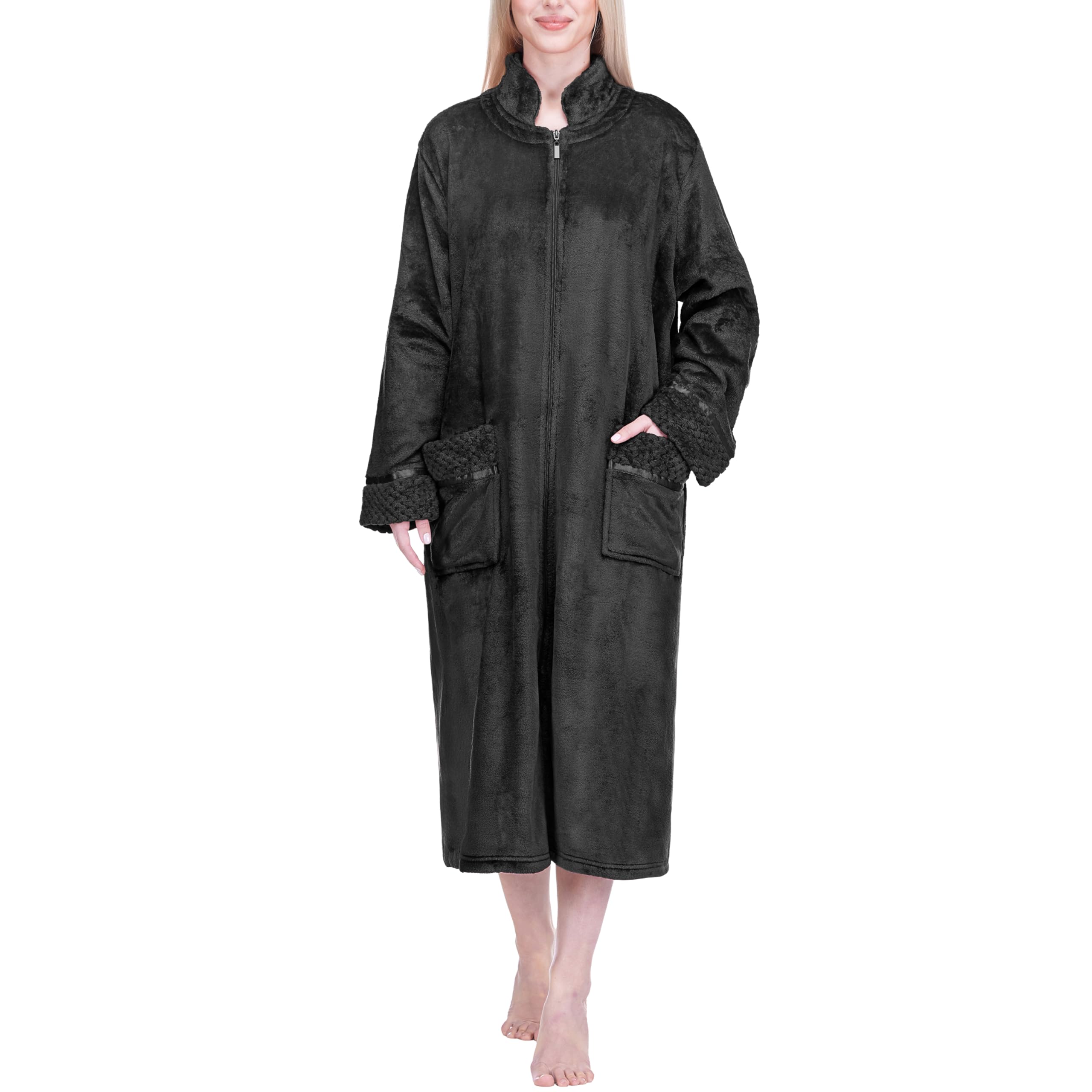 PAVILIA Womens Housecoat Zip Robe, Fleece Zip Up Front Robe Bathrobe, Plush Warm Zipper House Coat Lounger with Pockets, Long