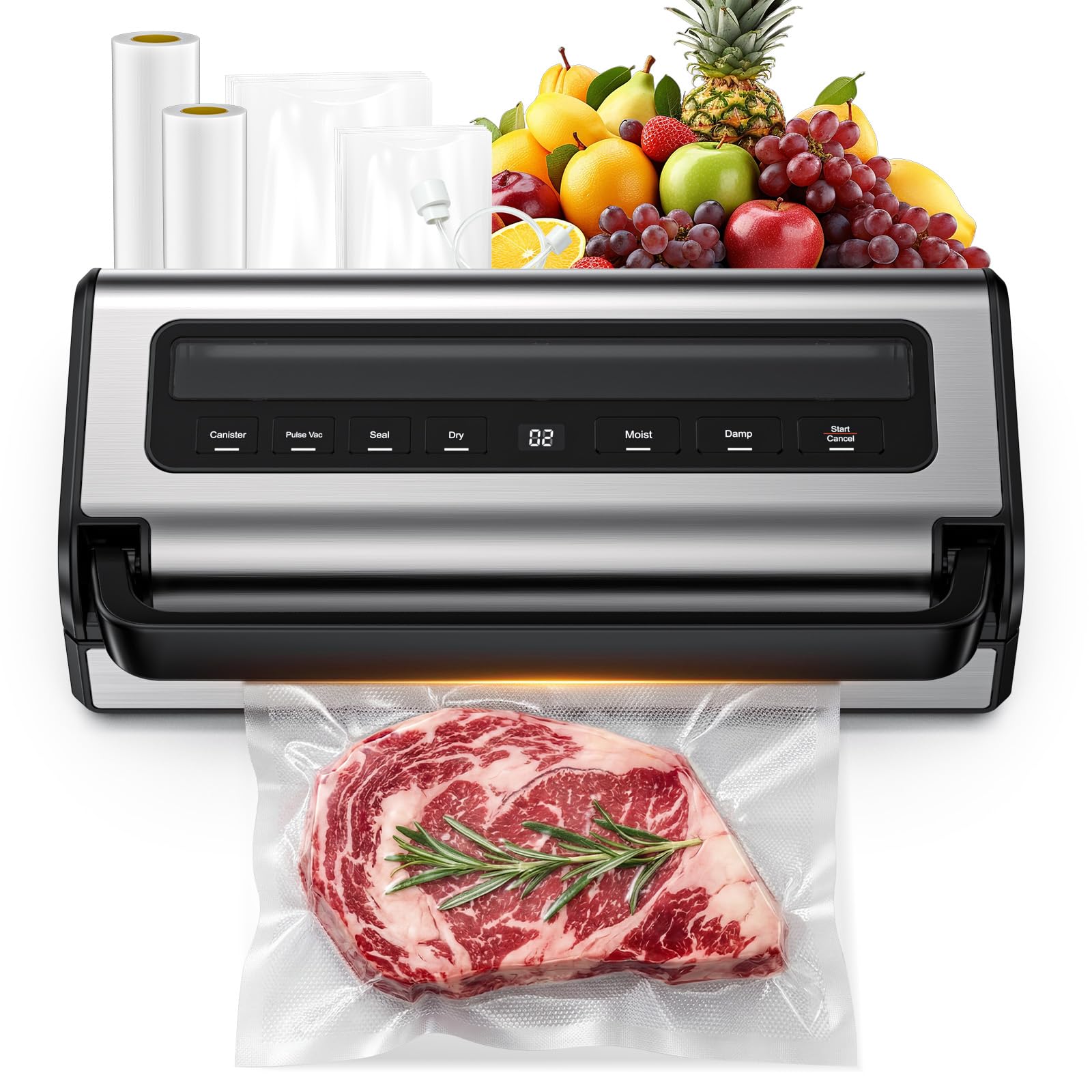 Macchina per sottovuoto per alimenti, multifunzione e automatica, per sigillare secchi, umidi e contenitori, taglierina integrata e conservazione dei sacchetti, kit completo con 2 rotoli e 10