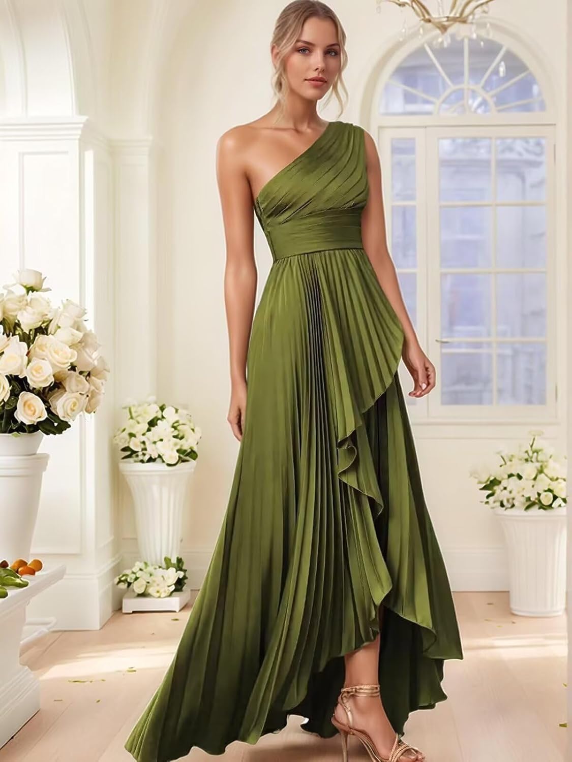 Tianzhihe One Shoulder Bridesmaid Dresses for Women Satin Pleated High-Low A Line Formal Evening Dresses with Slit 2026 - Image 3